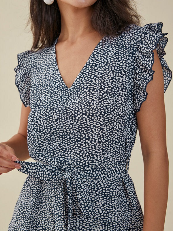 Floral Print Ruffle Knotted V-neck Romper Mssza