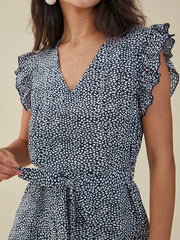 Floral Print Ruffle Knotted V-neck Romper Mssza