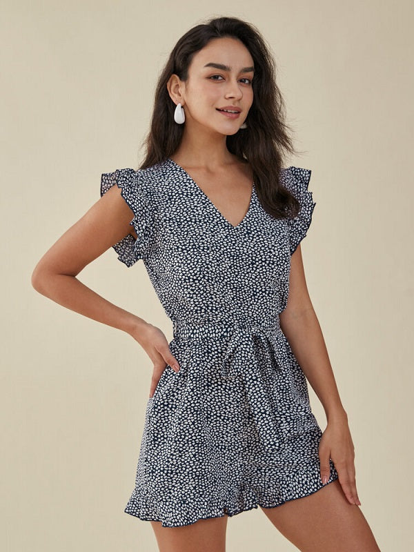 Floral Print Ruffle Knotted V-neck Romper Mssza