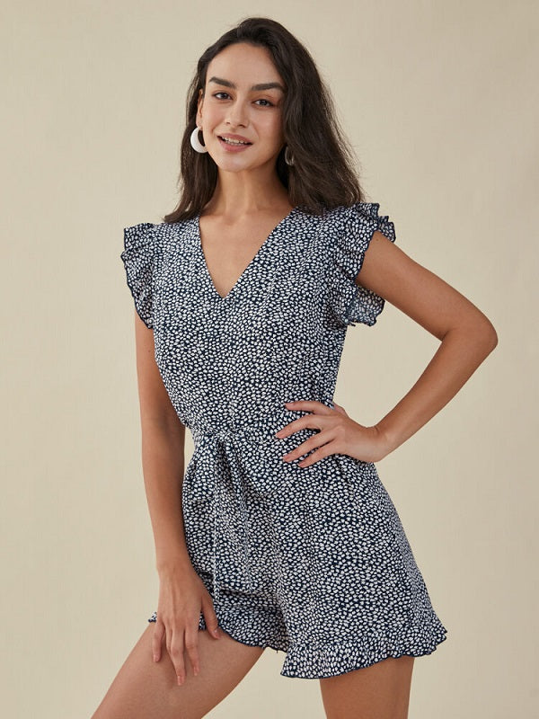Floral Print Ruffle Knotted V-neck Romper Mssza