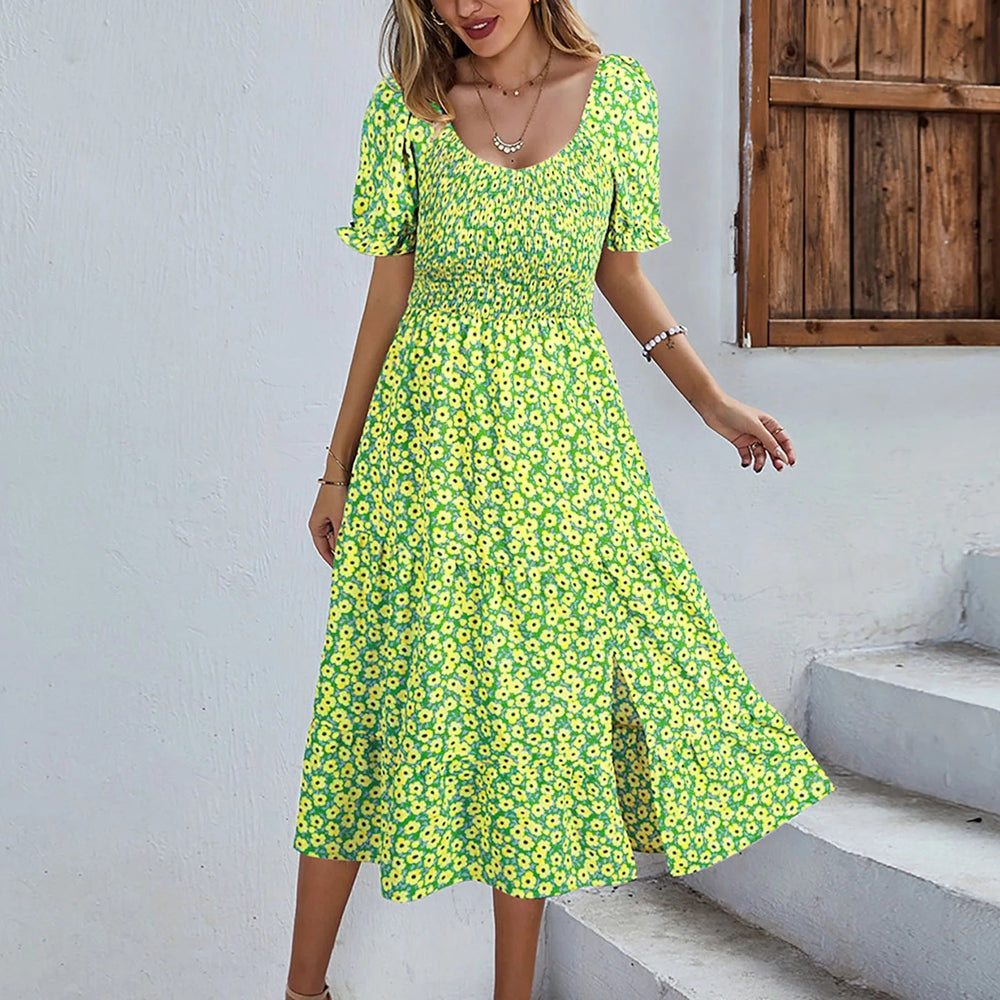 Split Swing Short Sleeve Floral Print Scoop Neck Plus Size Beach Boho Dress Mssaz Desses