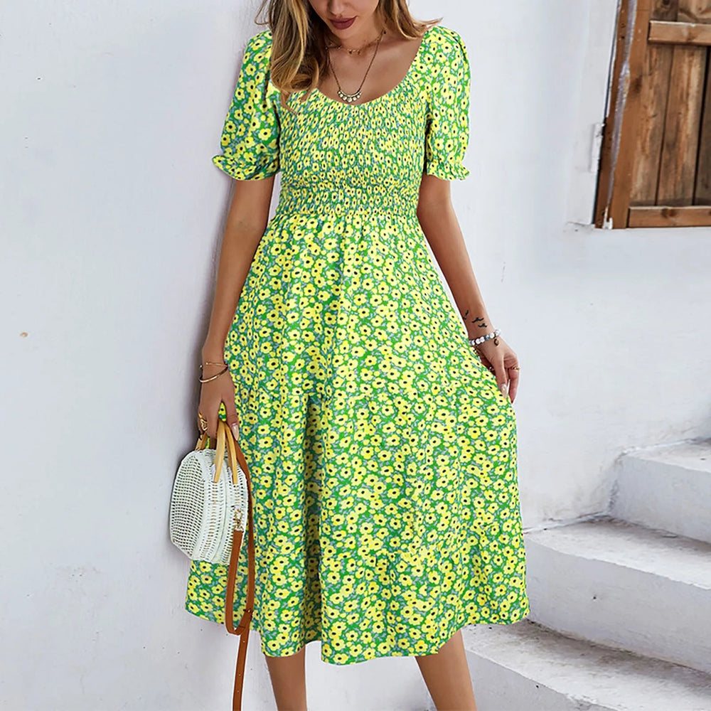 Split Swing Short Sleeve Floral Print Scoop Neck Plus Size Beach Boho Dress Mssaz Desses