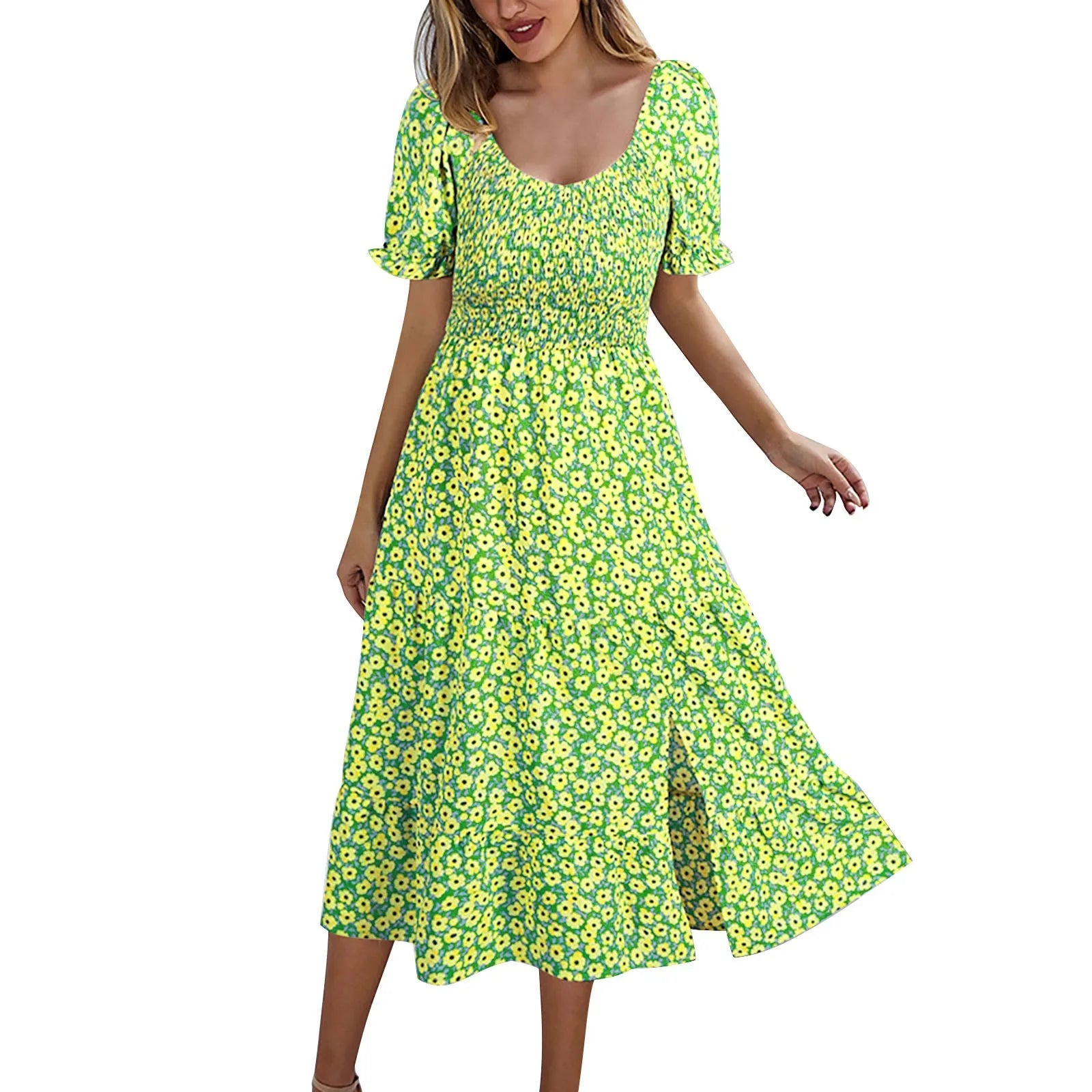 Split Swing Short Sleeve Floral Print Scoop Neck Plus Size Beach Boho Dress Mssaz Desses