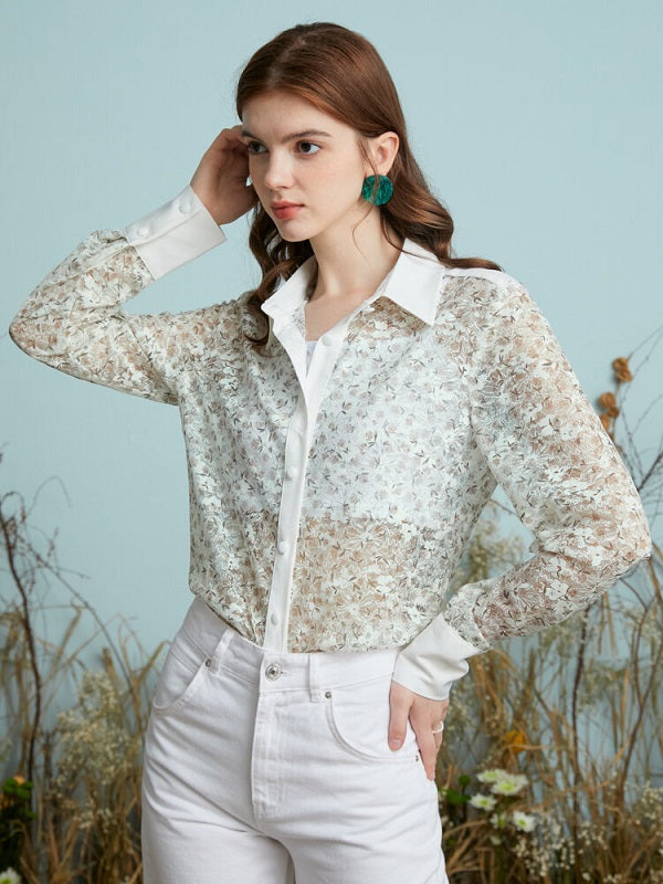 Floral Print See Through Button Lapel Long Sleeve Shirt Mssza