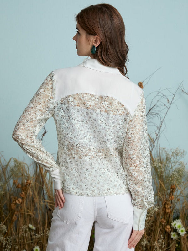 Floral Print See Through Button Lapel Long Sleeve Shirt Mssza