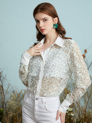 Floral Print See Through Button Lapel Long Sleeve Shirt Mssza