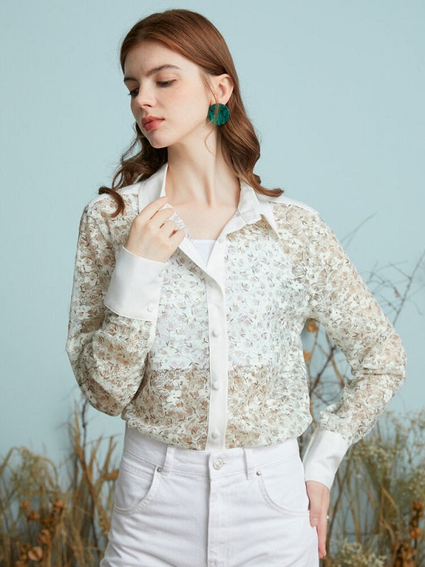 Floral Print See Through Button Lapel Long Sleeve Shirt Mssza