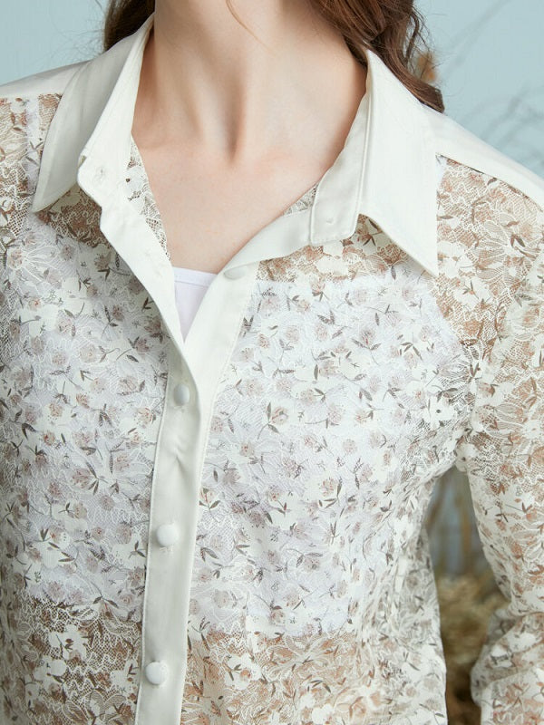 Floral Print See Through Button Lapel Long Sleeve Shirt Mssza