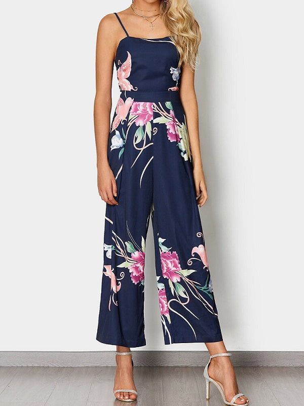 Floral Print Sleeveless Back Long Casual Strap Jumpsuit Mssza