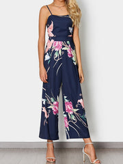 Floral Print Sleeveless Back Long Casual Strap Jumpsuit Mssza