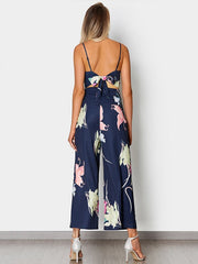 Floral Print Sleeveless Back Long Casual Strap Jumpsuit Mssza