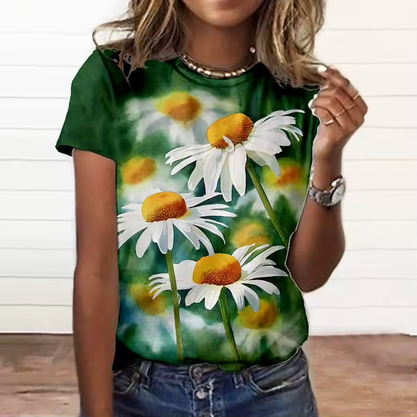 Floral Print Tee Short Sleeve O-Neck Large Size T Shirt Mssza