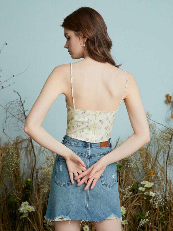 Floral Print Tie Zip Open Back Cropped Cami Mssza