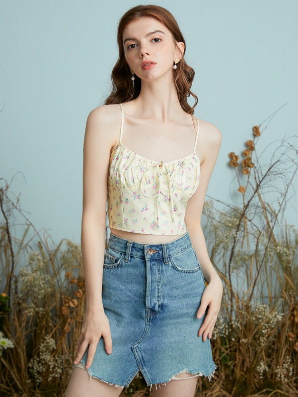 Floral Print Tie Zip Open Back Cropped Cami Mssza