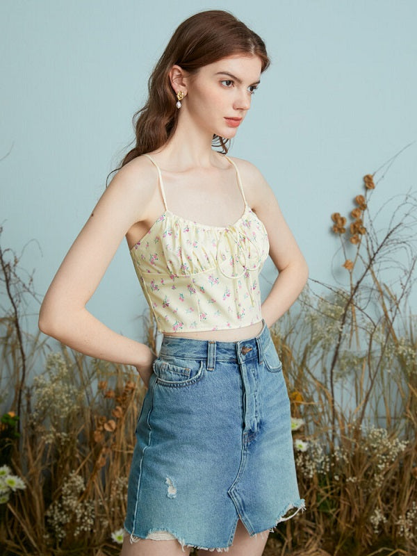 Floral Print Tie Zip Open Back Cropped Cami Mssza