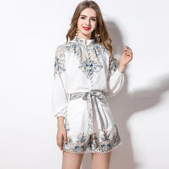 Floral Print Top and Holiday Vintage Belted 2 Pieces Sets Mssza