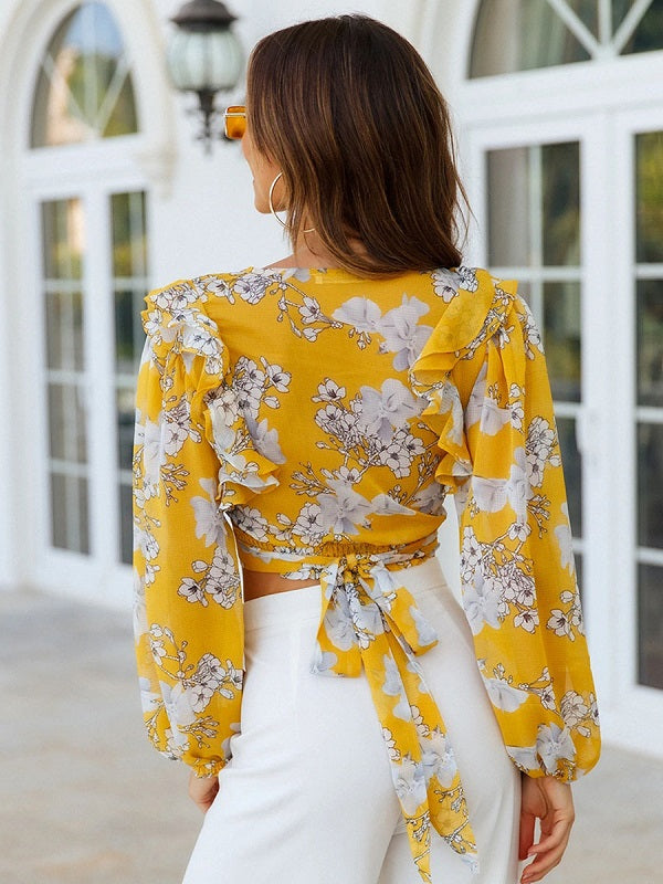 Floral Print V-Neck Casual Long Sleeves Polyester Tops Mssza
