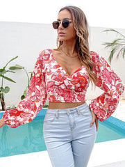 Floral Print V-Neck Long Sleeves Polyester Tops Mssza