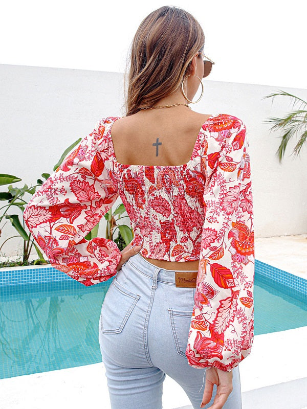Floral Print V-Neck Long Sleeves Polyester Tops Mssza