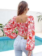 Floral Print V-Neck Long Sleeves Polyester Tops Mssza