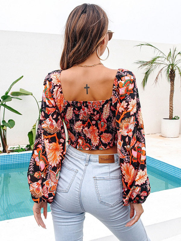 Floral Print V-Neck Long Sleeves Polyester Tops Mssza