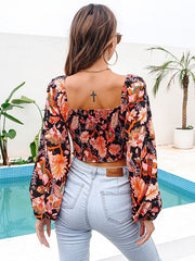 Floral Print V-Neck Long Sleeves Polyester Tops Mssza