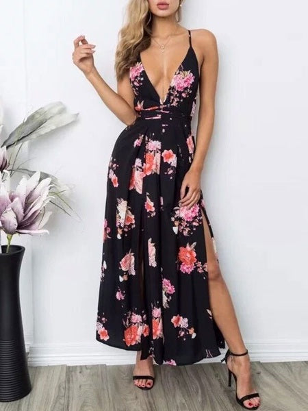 Floral Print V Neck Sleeveless Lace Up Backless Spaghetti Straps Polyester Jumpsuits Mssza