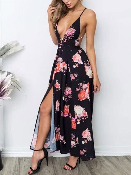 Floral Print V Neck Sleeveless Lace Up Backless Spaghetti Straps Polyester Jumpsuits Mssza