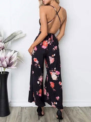 Floral Print V Neck Sleeveless Lace Up Backless Spaghetti Straps Polyester Jumpsuits Mssza