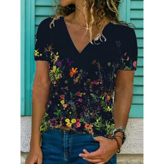 Floral Print V-neck Slim Short Sleeve Tops Mssza