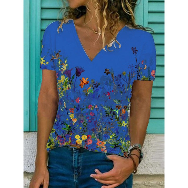 Floral Print V-neck Slim Short Sleeve Tops Mssza