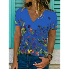 Floral Print V-neck Slim Short Sleeve Tops Mssza