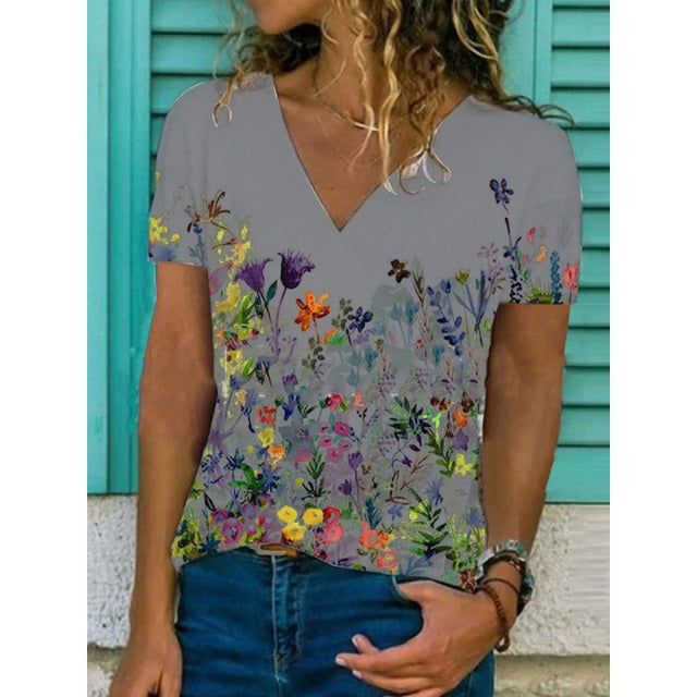 Floral Print V-neck Slim Short Sleeve Tops Mssza