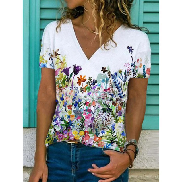 Floral Print V-neck Slim Short Sleeve Tops Mssza