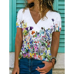 Floral Print V-neck Slim Short Sleeve Tops Mssza