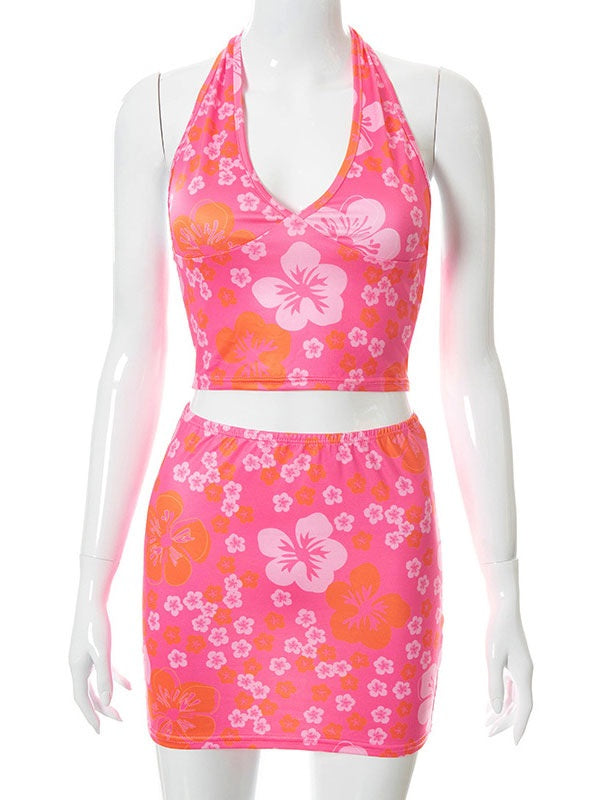 Floral Printed Pleated Casual Cami Top Mini Skirt Outfit Mssza