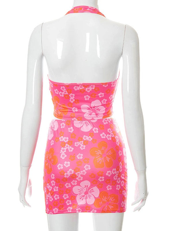 Floral Printed Pleated Casual Cami Top Mini Skirt Outfit Mssza