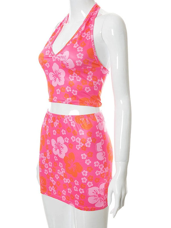 Floral Printed Pleated Casual Cami Top Mini Skirt Outfit Mssza