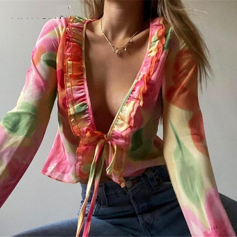 Casual Floral Printed Ruffle Chiffon Cropped Top Mssza
