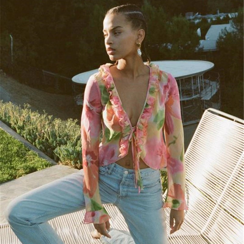 Casual Floral Printed Ruffle Chiffon Cropped Top Mssza