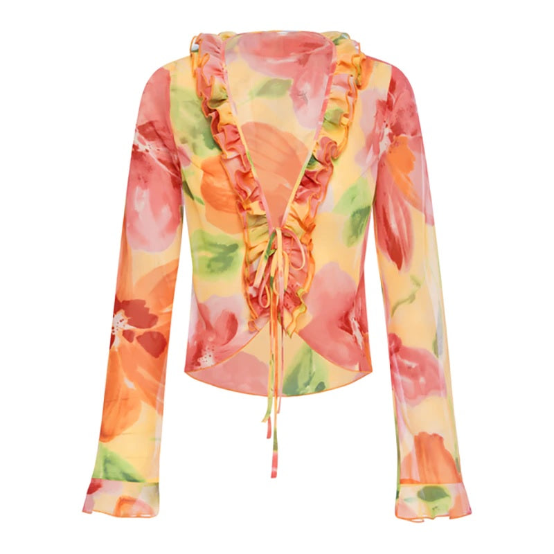 Casual Floral Printed Ruffle Chiffon Cropped Top Mssza