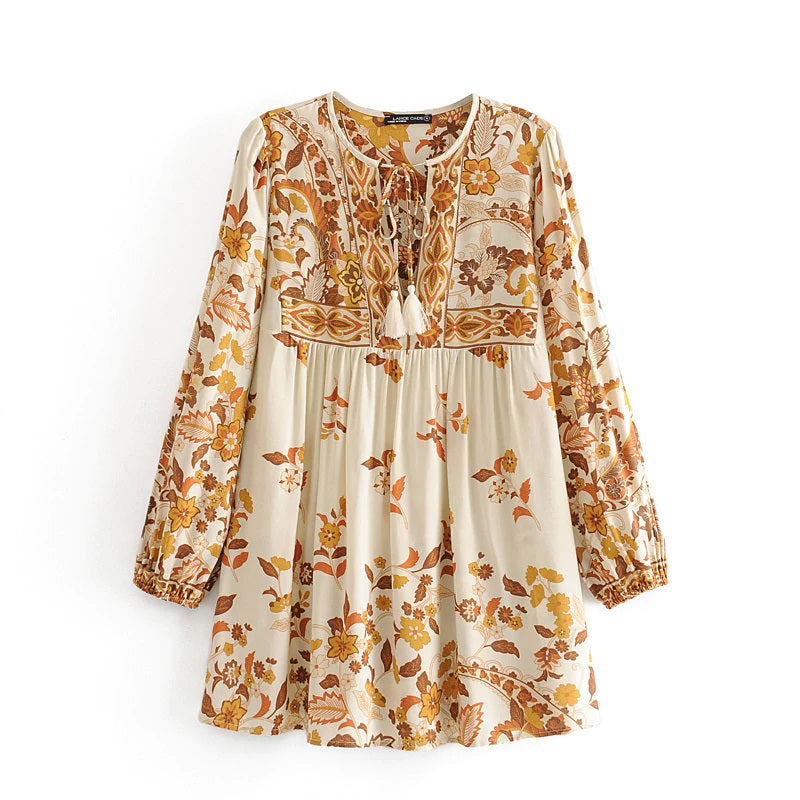 Floral Printed V-Neck Long Sleeve Lace-Up Blouse Mssza