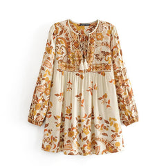 Floral Printed V-Neck Long Sleeve Lace-Up Blouse Mssza