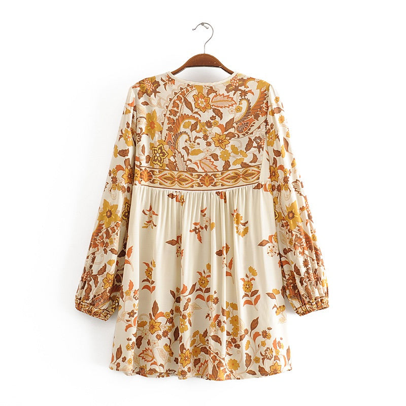 Floral Printed V-Neck Long Sleeve Lace-Up Blouse Mssza