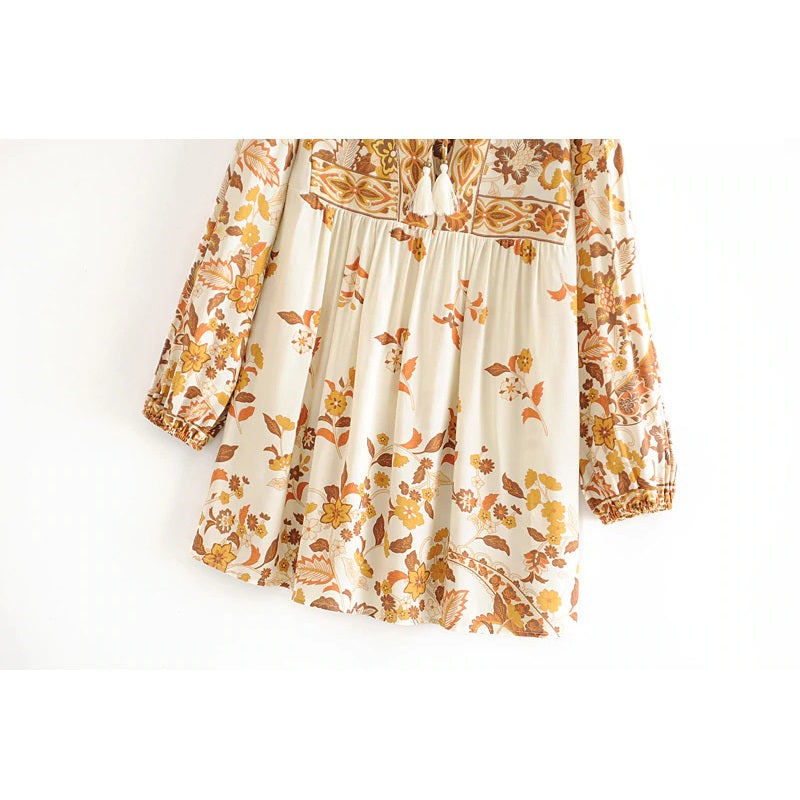 Floral Printed V-Neck Long Sleeve Lace-Up Blouse Mssza