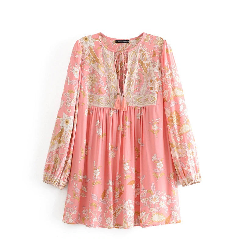 Floral Printed V-Neck Long Sleeve Lace-Up Blouse Mssza