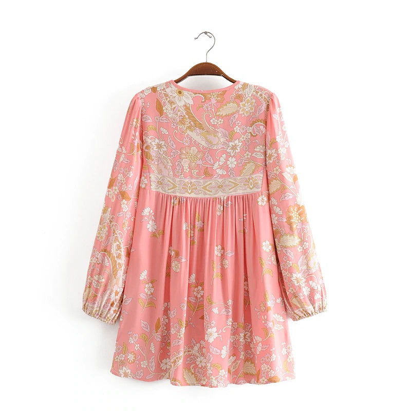 Floral Printed V-Neck Long Sleeve Lace-Up Blouse Mssza