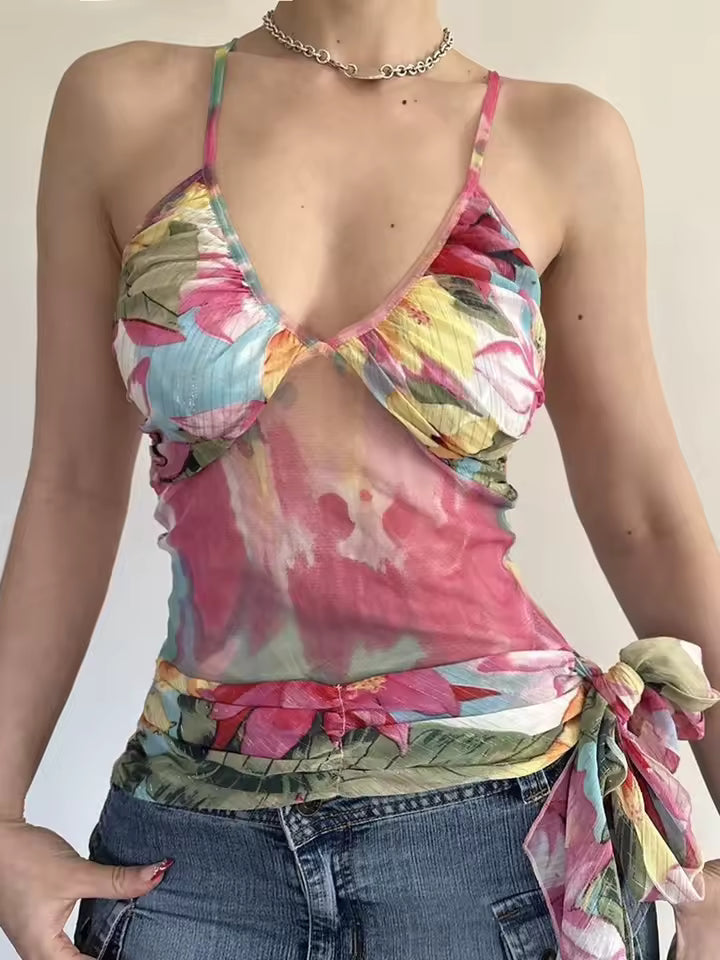 Floral Prints Slim Fit Vest Lace Up Causal Holiday Style Chic Trendy Camisole Tops Mssza