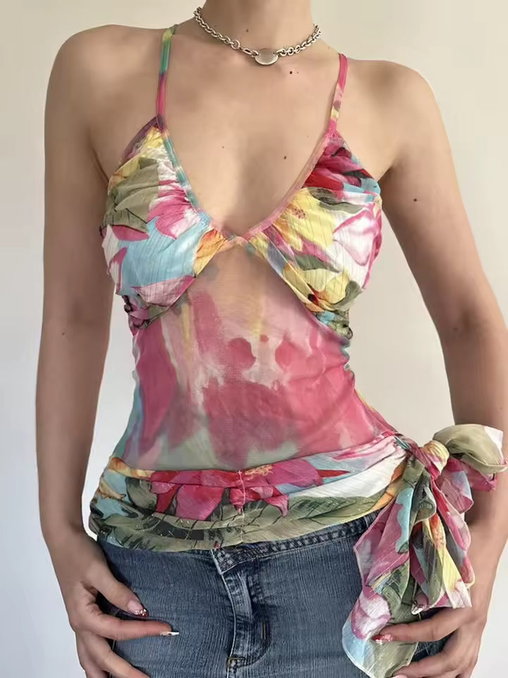 Floral Prints Vest Lace Up Causal Holiday Style Chic Trendy Camisole Tops Mssza