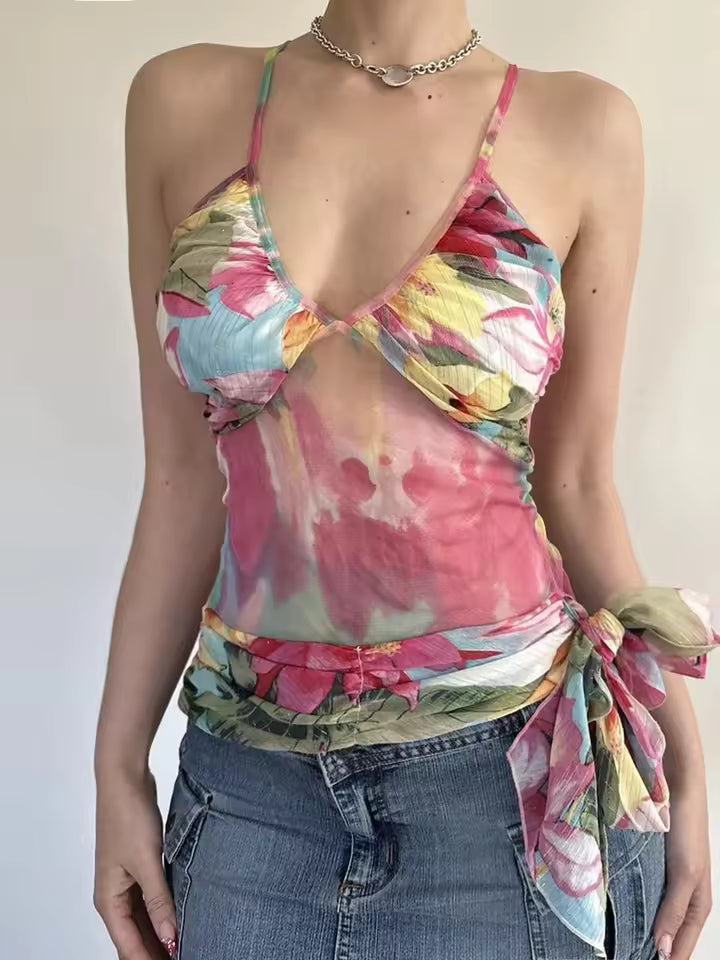 Floral Prints Vest Lace Up Causal Holiday Style Chic Trendy Camisole Tops Mssza
